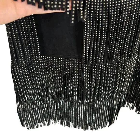 Black Fringe Studded Skirt Medium Western Boho Festival Rodeo Dance Zipper - Picture 4 of 8